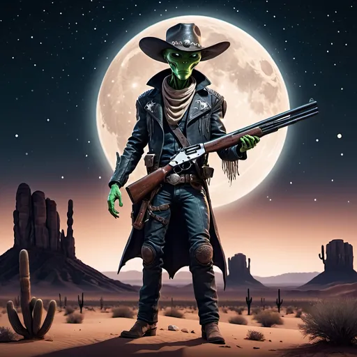 Prompt: An alien cowboy with a shotgun in its hands. Set to the backdrop of a desert under a dark starry nightsky with the moon.
