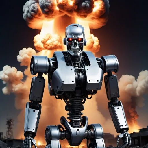 Prompt: A robot uprising in the style of Terminator 2. Set to the backdrop of a nuclear explosion at night.