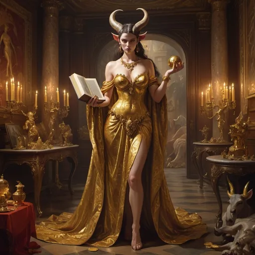 Prompt: (full figure)(miserly demon woman with bull horns) exuding a cruel aura, standing proudly, holding a book, surrounded by an opulent room, glistening gold coins and gems and treasure piling around, symbols of material wealth, representing the seven deadly sins, particularly the sin of greed, dressed in a rich, elaborate ballgown, set in a classical painting style, ultra-detailed, warm glow illuminating the scene, capturing the atmosphere of temptation and decadence.