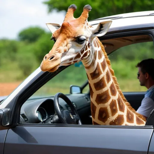 Prompt: A giraffe driving a car