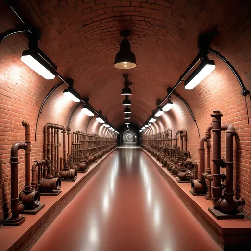 Prompt: A red brick tunnel that displays antique valves, pipes and types of equipment to showcase historical artefacts in a visually engaging way. The tunnel could be constructed with red brick as a long, narrow corridor where visitors can walk through and explore various antiques arranged along the walls. The tunnel could feature ambient lighting that enhances the antique items on display. The walls might be lined with glass cases to protect fragile pieces while allowing for close viewing as shown in the pictures below.