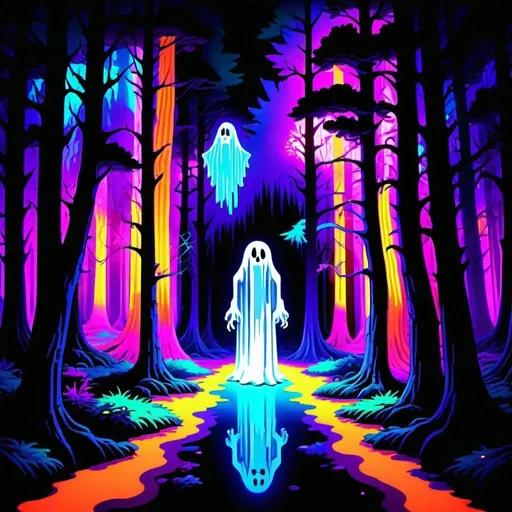 Prompt: Trippy forest with ethereal ghost-like entity, blacklight poster style, 1080p HD, retro arcade, vibrant neon colors, glowing psychedelic trees, surreal floating objects, eerie atmosphere, vintage game pixelation, haunting presence, surreal, dreamy, glowing, retro, arcade, blacklight, vibrant, pixel art, ethereal, ghostly, 1080p HD, forest, trippy