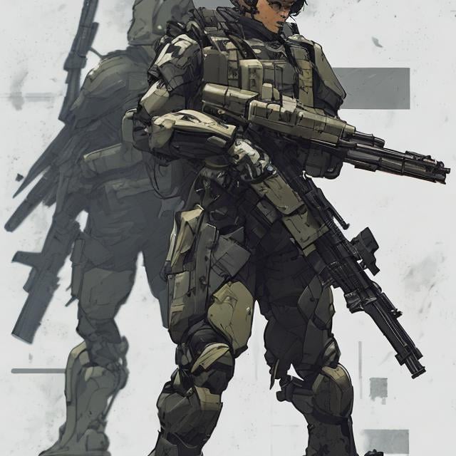 Prompt: male futuristic soldier character shooting with automatic rifle , concept design sheet, white background, style of Yoji Shinkawa, Graphic Novel, Comic, bullet 
