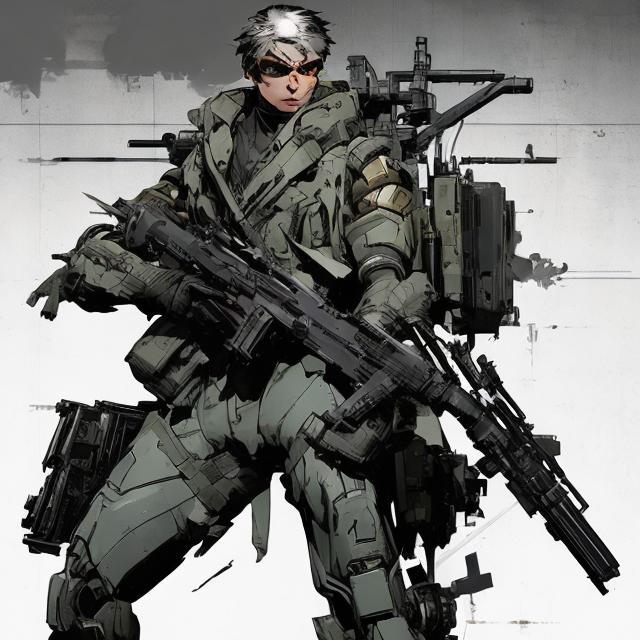 Prompt: male futuristic soldier character shooting with automatic rifle , concept design sheet, white background, style of Yoji Shinkawa, Graphic Novel, Comic, bullet 
