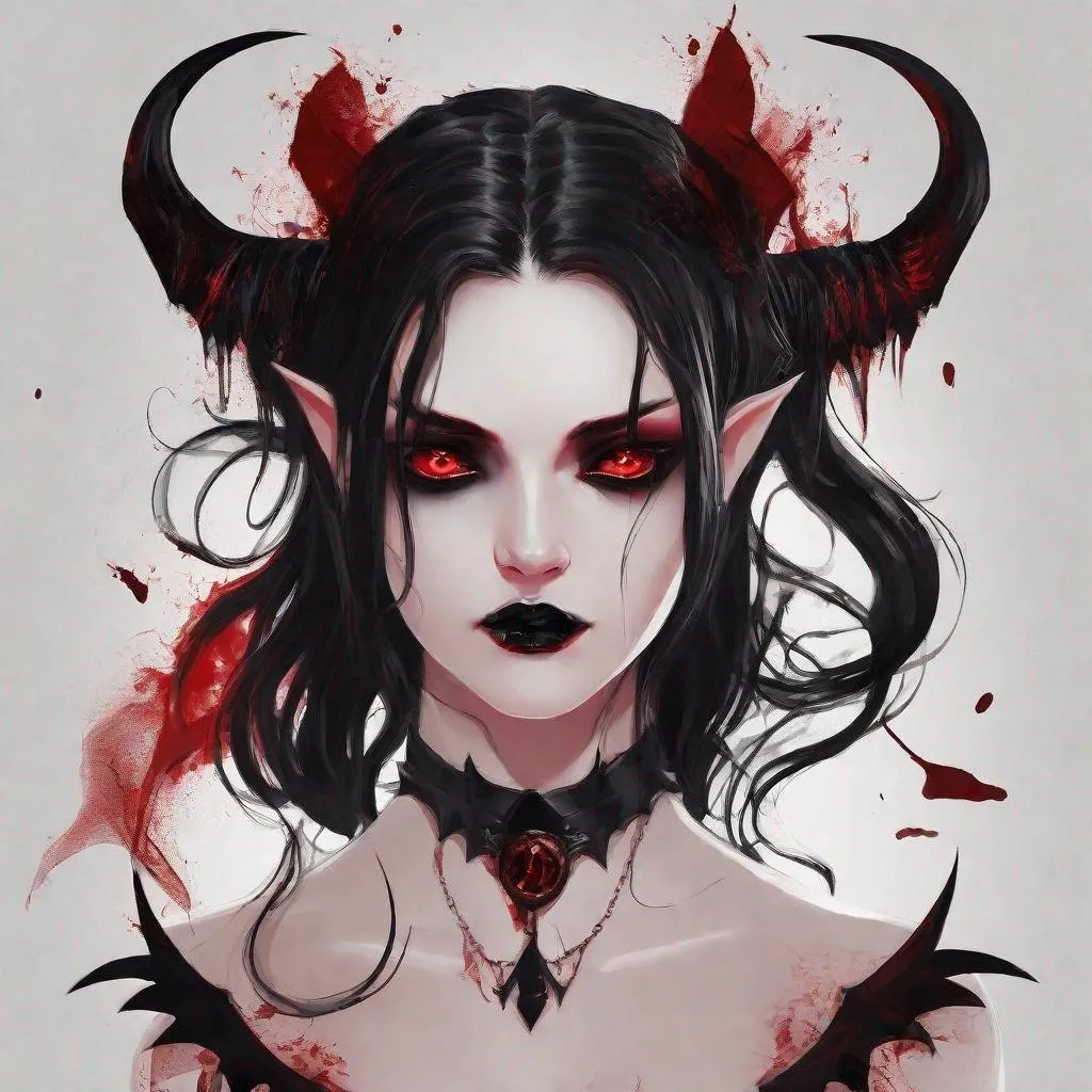 Prompt: Vampire women black hair red eyes black horns and wings blood