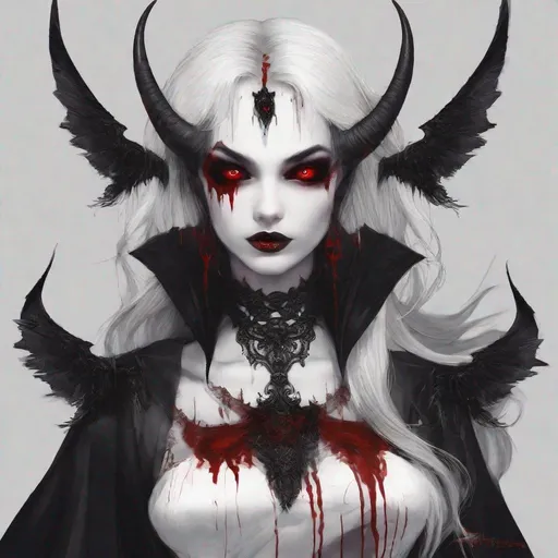 Prompt: Vampire women black white hair red eyes black horns and wings blood