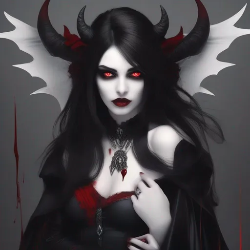 Prompt: Vampire women black white hair red eyes black horns and wings blood