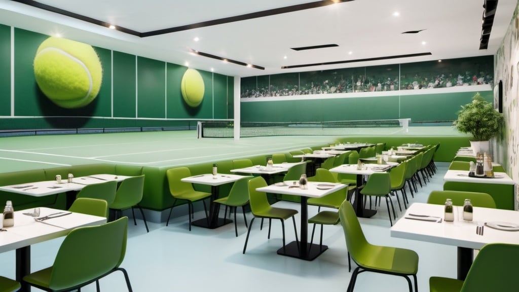 Prompt: a tennis themed restaurant with green chairs and a tennis court mural on the wall behind the tables and chairs, Edi Rama, lyco art, concept design, a digital rendering