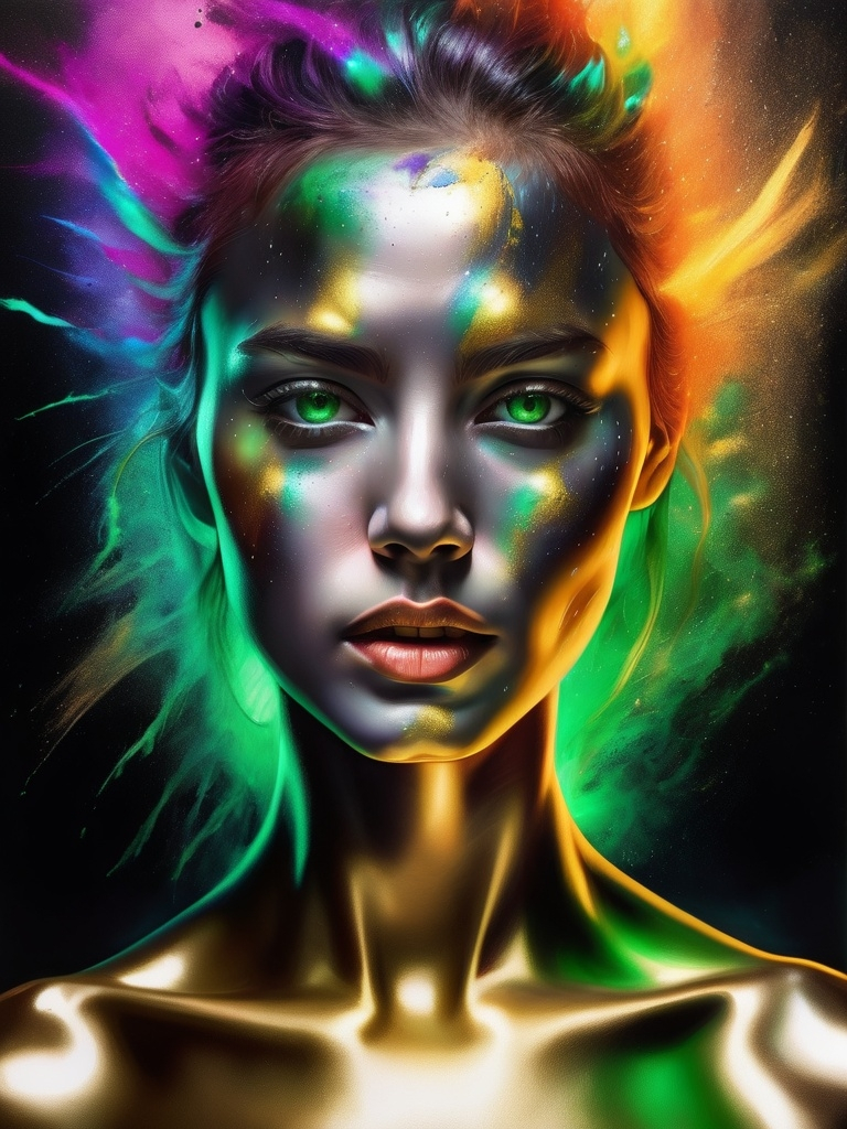 Prompt: Full paint face body portrait of a woman with silver and gold skin on the face and body, blowing extraordinary hair, exploding colorful head, open green eyes, the woman, dust, airbrush painting, high resolution, detailed, neon colors, abstract, professional, thunderbolt glowing