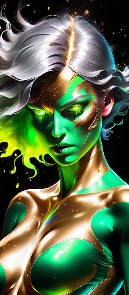 Prompt: Full paint face body portrait of a woman with silver and gold skin on the face and body, blowing extraordinary hair, exploding colorful head, open green eyes, the woman, dust, airbrush painting, high resolution, detailed, neon colors, abstract, professional, thunderbolt glowing