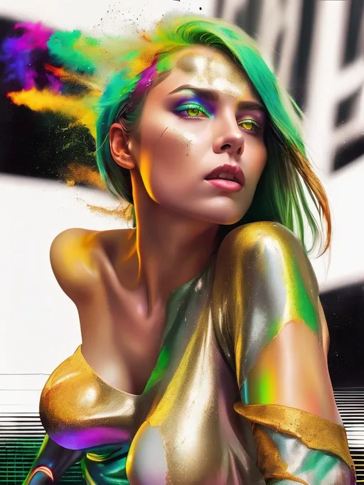 Prompt: Full paint face body portrait of a woman with silver and gold skin on the face and body, blowing extraordinary hair, exploding colorful head, open green eyes, the woman, dust, airbrush painting, high resolution, detailed, neon colors, abstract, professional, thunderbolt glowing