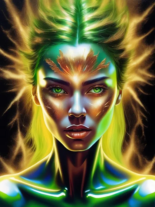 Prompt: Full paint face body portrait of a woman with silver and gold skin on the face and body, blowing extraordinary hair, exploding colorful head, open green eyes, the woman, dust, airbrush painting, high resolution, detailed, neon colors, abstract, professional, thunderbolt glowing