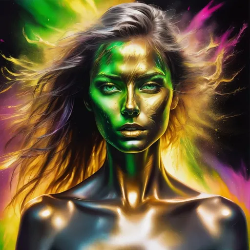 Prompt: Full paint face body portrait of a woman with silver and gold skin on the face and body, blowing extraordinary hair, exploding colorful head, open green eyes, the woman, dust, airbrush painting, high resolution, detailed, neon colors, abstract, professional, thunderbolt glowing