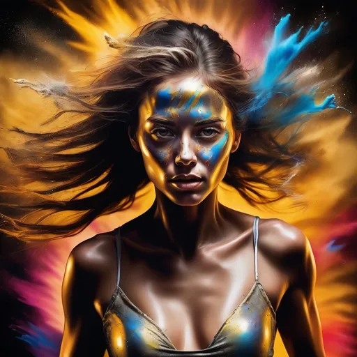 Prompt: Full paint face body portrait of a running woman with silver and gold skin on the face and body, blowing extraordinary hair, exploding colorful head, open detailed eyes, the woman, dust, airbrush painting, high resolution, detailed, neon colors, airbrush details, abstract, professional, vibrant lighting