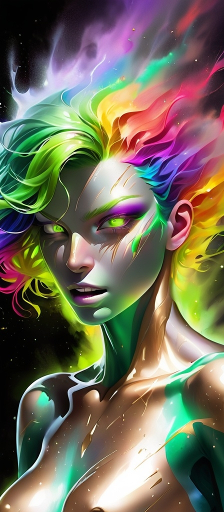 Prompt: Full paint face body portrait of a woman with silver and gold skin on the face and body, blowing extraordinary rainbow gradient hair, exploding colorful head, open green eyes, the woman, dust, airbrush painting, high resolution, detailed, neon colors, abstract, professional, thunderbolt glowing