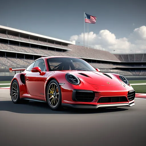 Prompt: a red porsche 911 Turbo sports car with a black rim and a black nose and nose light, coupe, photorealism, realistic render, a computer rendering, Indianapolis Motor Speedway