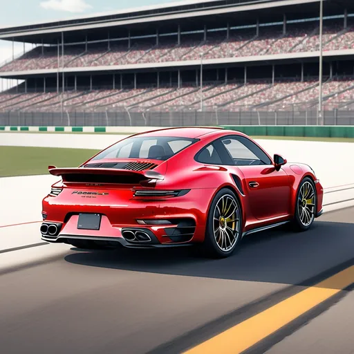 Prompt: a 2024 carmine red porsche 911 Turbo coupe sports car with a black rim and a black nose and nose light, photorealism, realistic render, a computer rendering, Indianapolis Motor Speedway track