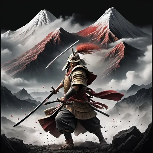 Prompt: "Create a high-resolution, dynamic, and dramatic image depicting a lone Japanese warrior fighting against millions in a mountainous setting. The scene should capture the intensity and bravery of the warrior amidst a vast and challenging environment. Include the following elements:

Central Element: A heroic Japanese samurai or warrior in traditional armor, standing defiantly with a katana drawn, ready for battle. The warrior should be positioned prominently in the foreground, showcasing their resolve and skill.
Surrounding Elements:
An endless wave of enemies advancing towards the lone warrior, with a mix of traditional and mythical adversaries.
Jagged, towering mountains in the background, covered in mist and shadows, adding a sense of grandeur and isolation to the scene.
Background: A dramatic sky with dark, stormy clouds, pierced by rays of sunlight breaking through, symbolizing hope and valor amidst the chaos.
Accents: Use a palette of dark, muted colors with highlights of red and gold to emphasize the warrior and the fierceness of the battle.
Additional Features:
Include details like cherry blossom petals being carried by the wind, adding a touch of elegance and contrast to the ferocity of the scene.
Dust and debris swirling around, enhancing the sense of movement and conflict.
The overall aesthetic should be epic, intense, and evocative, reflecting the courage and determination of the lone warrior facing insurmountable odds."