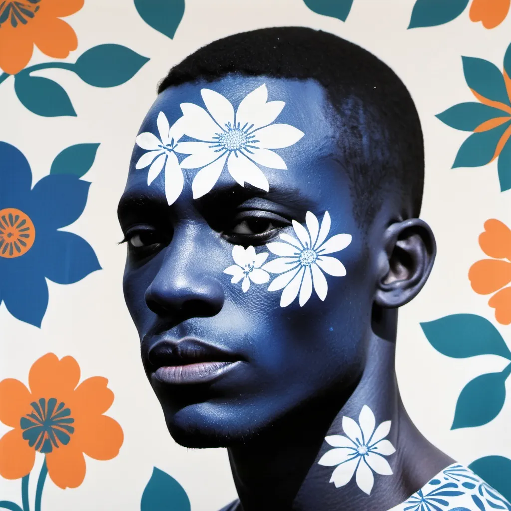 Prompt: Print african looking male with blue skin colour on a close up of a flower on a fabric with a flower pattern on it, with a white background, Annabel Kidston, color field, soft details, a silk screen