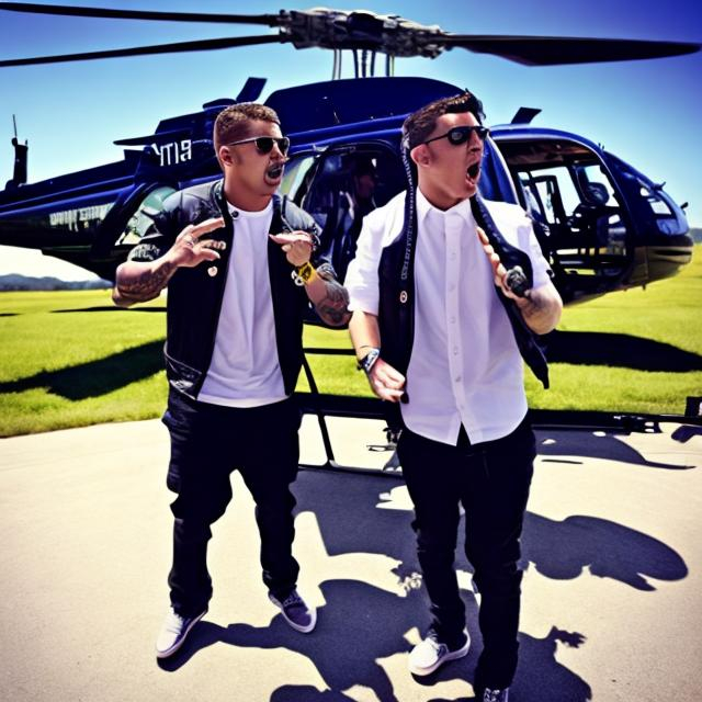 Prompt: Sam and Eddie rap stars. Helicopter and a case full of money.