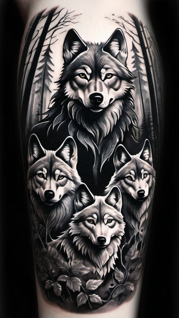 Prompt: A tatoo of Four Wolfes TWo ADULt TWo children in The blackforrest