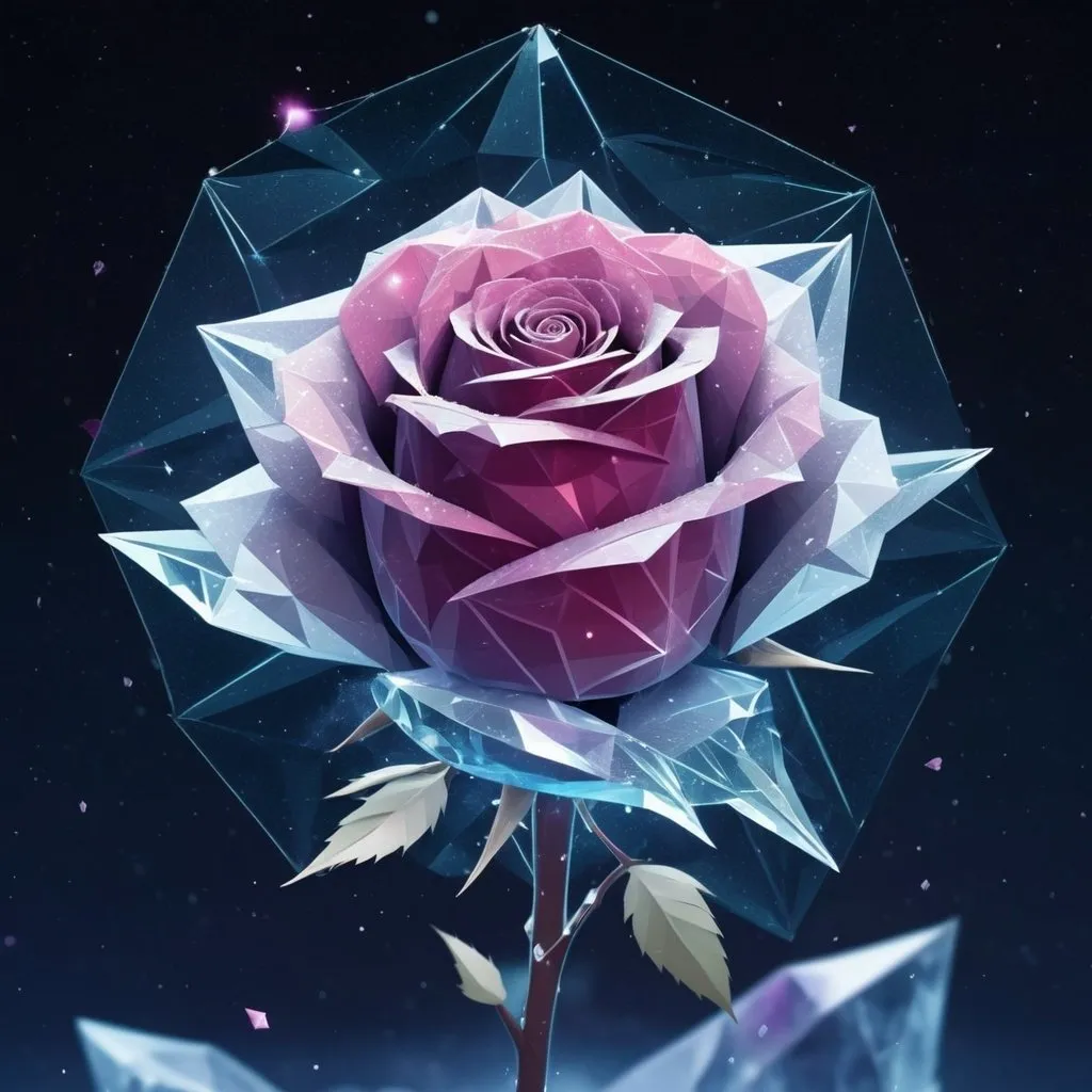 Prompt: create a polygonal style illustration, a frozen cosmic rose, made up of polygons, petals with a crystaline shimmer, swirling nebulas, ethereal, nighttime, darkness, surreal, unreal engine style
