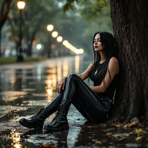 Prompt: Professional photo, award-winning picture of a young woman at a rainy day. She has a beautiful face, pale white skin, black hair, long straight hair, big black eyes and puffy lips. She wears black eyeliner, black eye shadow, and black lipstick. Her outfit is very simple, consisting in a black tank top fit to her body hanging her curves, black leather pants adjusted to her body and black leather military boots. On her neck, is an Ankh pendant necklace. She is relaxed, leaning against a tree on a park, contemplating the environment with half-closed eyes and a gentle smile. The rain is pouring over her, but she doesn’t seem to care. The picture is taken at the early evening, the lamp posts are on, reflecting over the puddles of water