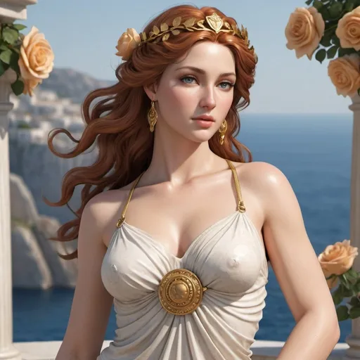 Prompt: Create a high-resolution, photorealistic full body image of the Greek goddess Aphrodite. She should be depicted as a stunningly beautiful woman with an ethereal presence, featuring straight auburn hair that flows gracefully. Her facial features should resemble those of a high-fashion model, with delicate and flawless skin. Her body should be slender and curvy, exuding both sensuality and grace. She should be wearing minimal clothing, adorned with fancy and intricate golden jewelry. The background should depict the Elysium Fields, filled with lush greenery and vibrant flowers. Include roses in the scene to symbolize her association with love and beauty
