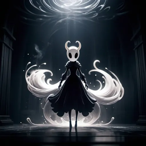 Prompt: solo, female version of the Hollow Knight, dark environment, smoke waves, smoke swirls, mysterious, alluring, dim lights, ray tracing, particles, spotlight, volumetric, dynamic pose, beautiful, mysterious, enchanting, best quality:1.3