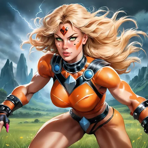 Prompt: Create a high-resolution digital illustration of Cheetara from the Thundercats. She should be depicted as a fierce and agile warrior with an athletic and muscular build. Her facial features should be sharp and determined, exuding both grace and strength. She should have her signature orange fur with black spots and long, flowing blonde hair styled in a dynamic manner.

She should be wearing her iconic outfit from the series, which should be detailed and form-fitting, highlighting her agility and speed. She should be running in an open grass field, capturing her dynamic energy and movement. The background should resemble the iconic planet Thundera, with its lush and alien landscape.

The illustration should feature ray tracing and volumetric lights to enhance the realism and depth. It should be created in the best resolution with intricate details, ensuring a visually stunning and captivating image