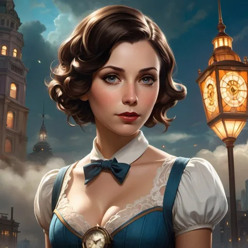 Prompt: 2/3 portrait of Elizabeth from Bioshock, vintage dress, glowing lights, city in the clouds, mist, intricate, serene, highly detailed, digital painting, artstation, symmetric concept art, smooth, sharp focus, illustration, art by artgerm and Greg Rutkowski and Alphonse Mucha, 8K