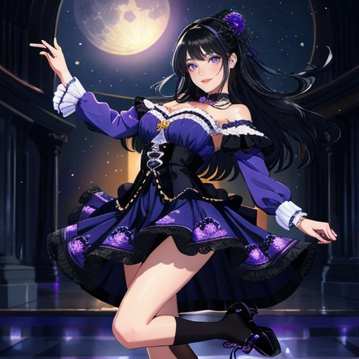 Prompt: young woman dancing under the moonlight, gorgeous, black hair, purple eyes, beautiful happy face, very detailed, blue velvet dress (intricate), long socks, slippers, absurdres, intricate, alluring, best quality