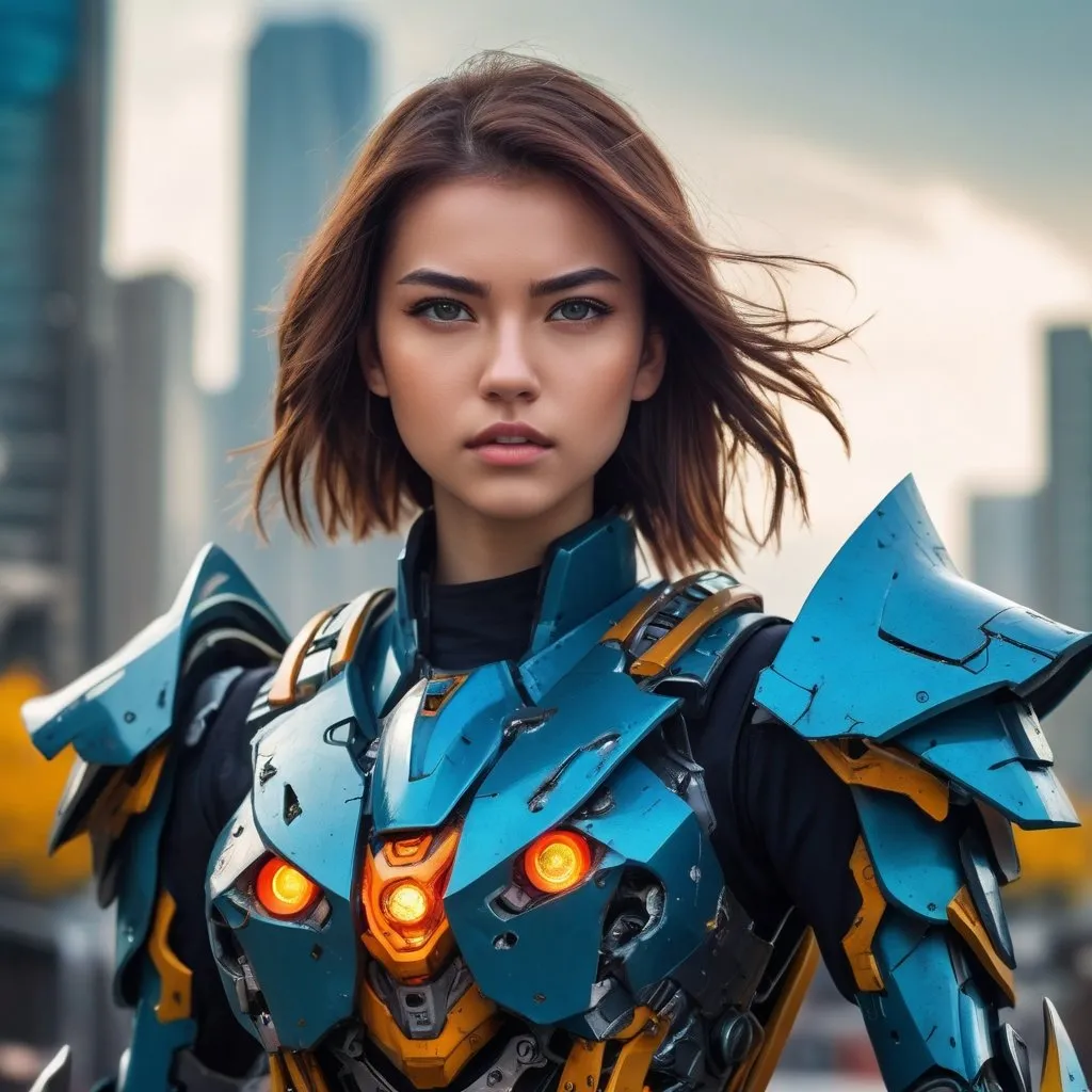 Prompt: armed mecha young woman, beautiful warrior girl, no helmet, gorgeous face, detailed face, battle damaged, cape, mecha scythe, city disaster landscape, bright colors, movie like, extreme details, sharp focus