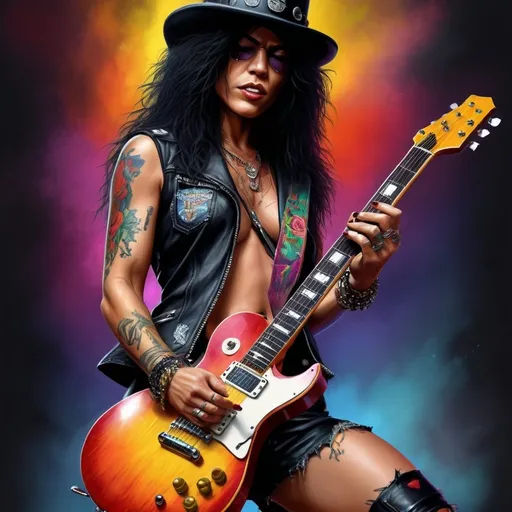 Prompt: Masterpiece quality digital illustration of a female Slash, iconic lead guitarist of Guns N Roses, full body, beautiful face, detailed guitar, vibrant colors, realistic, rockstar atmosphere, high quality, professional, digital art, detailed facial features, iconic outfit, intense and confident stance, music legend, guitar hero, masterpiece, female version, vibrant colors, rockstar, detailed guitar, realistic, professional, atmospheric lighting