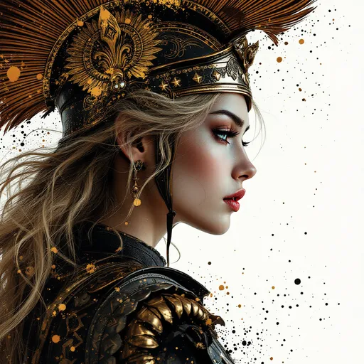 Prompt: Silhouette Art, magnificent, inksplash  closeup portrait of stunning japanese woman, blonde loose hair, wearing bronze age greek armour with a full face helmet