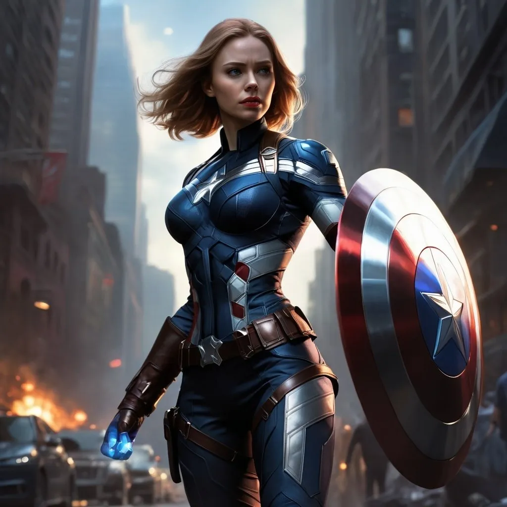 Prompt: high resolution, 4k, fantasy, dark colors, city landscape, digital painting, illustration, hyper realism, avengers, female version of Capitain America, holding the iconic shield, blue aura is around her body, full body picture, low angle shot