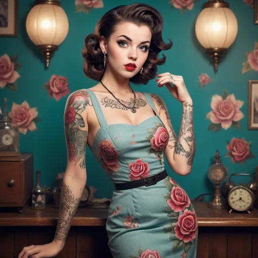 Prompt: amazingly extraordinarily beautiful, babe, brunette, modern girl with tattoos, dressing vintage, 1950s style clothing, imaginatively 50's stylized dress, magical, mischievous, delicate, elegant, alluring, sultry, full-length, female body, hazel eyes, eye catching, bright, OverallDetail, background fantasy, perfect face and eyes, hyper detailed hypermaximalist dynamic style