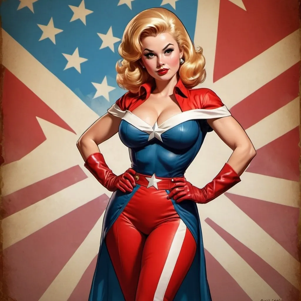 Prompt: Capitain Marvel, pinup model, pinup style, colorfou background, bouffant style, full body, cartoonish, poster style, masterpiece:1.3