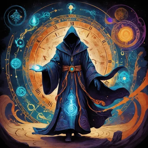 Prompt: ink illustration on parchment, time-travelling sorcerer, medieval robes with futuristic elements, enigmatic traveler, glowing arcane symbols, ancient tome, vibrant colors, swirling portals, dark voids, crackling energy, time anomalies blending past and future, cosmic landscape, journey through time and space, high contrast, stylized