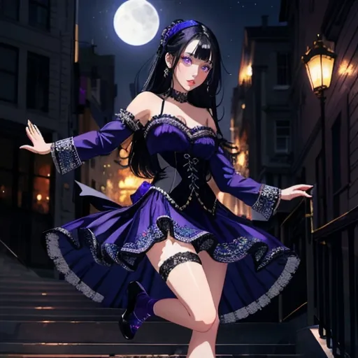 Prompt: young woman dancing under the moonlight, gorgeous, black hair, purple eyes, beautiful face, very detailed, blue velvet dress (intricate), long socks, slippers, absurdres, intricate, alluring, best quality
