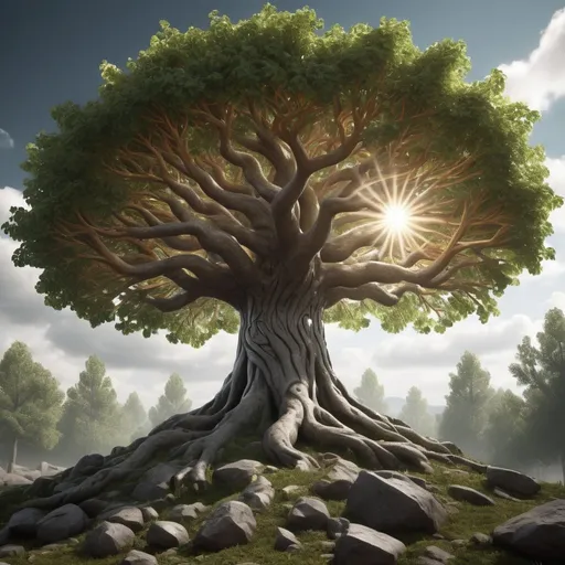 Prompt: photorealistic version of Yggdrasil, sunbeams passing throgh it's leaves, heavy shades, volumetric, supreme quality, absurdres, intricate:1.2