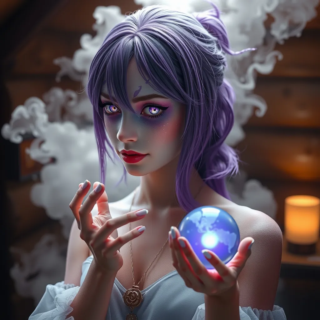 Prompt: Sci-Fi fortune teller, gorgeous face, purple hair, big dark purple eyes (detailed eyes:1.3), minimal sheer clothing, holding a magical crystal ball, cabin background, dense white smoke, sensual, ethereal, shimmering, stunning 8K, ray tracing, full body:1.5