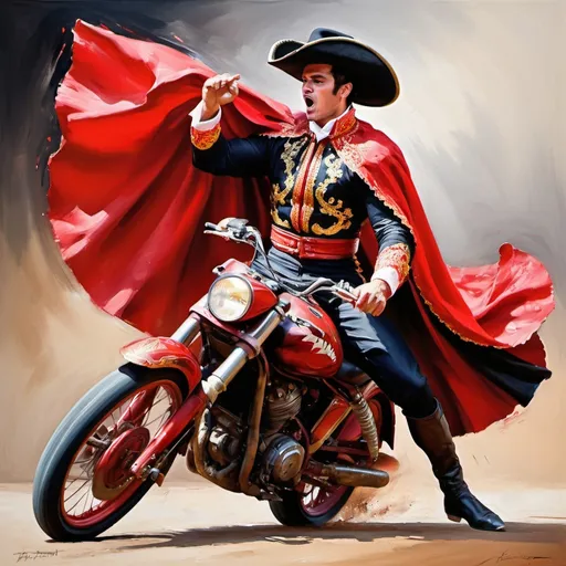 Prompt: Bullfighter performing a pass with a cape on a motorcyclist, oil painting, vibrant colors, dynamic movement, detailed expressions, high contrast, traditional, energetic strokes, intense red and black tones, dramatic lighting, professional quality, oil painting, vibrant colors, dynamic movement, detailed expressions, high contrast, traditional, energetic strokes, intense red and black tones, dramatic lighting