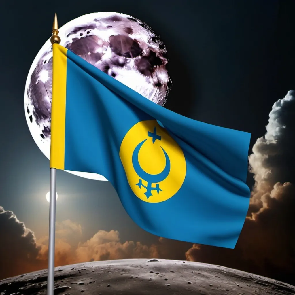 Prompt: A flag named "Republic of Ukraine" its the Ukraine flag but a moon Muslim in the middle also the war flag is just turkey but the Moon is Ukraines flag