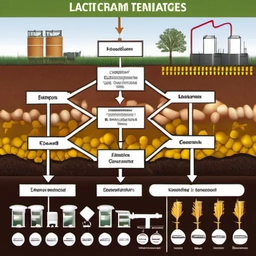 Prompt: Visual: Display a diagram illustrating the upstream processes. On the left side of the diagram, depict images or icons representing feedstock selection options, such as starchy crops (e.g., corn, sugarcane) and lignocellulosic biomass (e.g., agricultural residues, wood chips). On the right side, show images or icons representing lactic acid fermentation tanks or bioreactors. Use arrows or flowcharts to indicate the progression from feedstock selection to fermentation-clearly write English 
