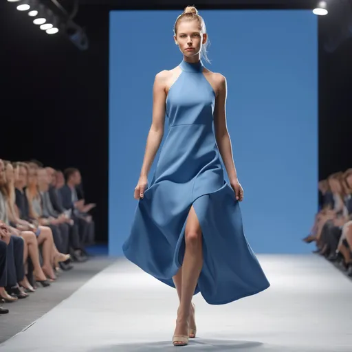 Prompt: a woman in a blue dress is walking down the runway with her hair in a low ponytail and her hand in her other hand, Christian Hilfgott Brand, lyco art, concept design, a digital rendering