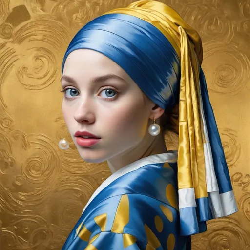 Prompt: ake Johannes Vermeer’s “Girl with a Pearl Earring” and reimagine it in the swirling, dreamy style of Gustav Klimt, Preserve the girl’s mesmerizing gaze and the iconic pearl earring, but transform the scene into a vivid geometric pattern and gold tapestry typical of Klimt’s art. Bring Klimt’s distinct artistic perspective to the original picture while preserving its elegance and mystique.”