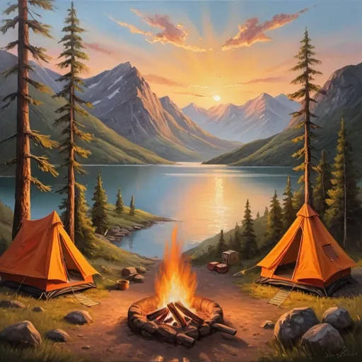 Prompt: Mountain lake camping scene, oil painting, serene sunset over the mountains, high quality, detailed tents and hammocks, cozy campfire with pot hanging over it, warm and peaceful atmosphere, oil painting, sunset lighting, serene scenery, detailed mountains, camping, peaceful, warm tones, cozy atmosphere