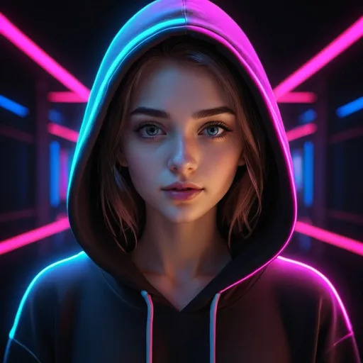 Prompt: A beautiful girl wearing a black hoodie background neon lights 3D animated