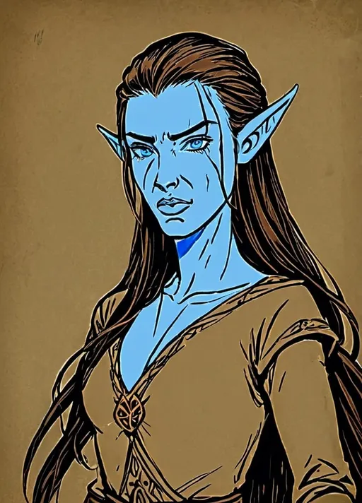 Prompt: sketch of elvish woman with long dark brown hair, blue eyes, a serious stern look and one long scar from her eyebrow to her opposite cheek